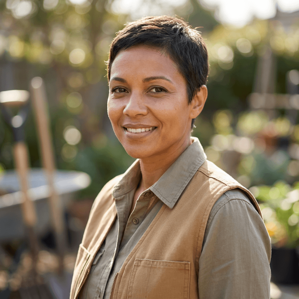 Female agricultural trainer in her late 20s, Black South African, friendly demeanor, casual work clothes