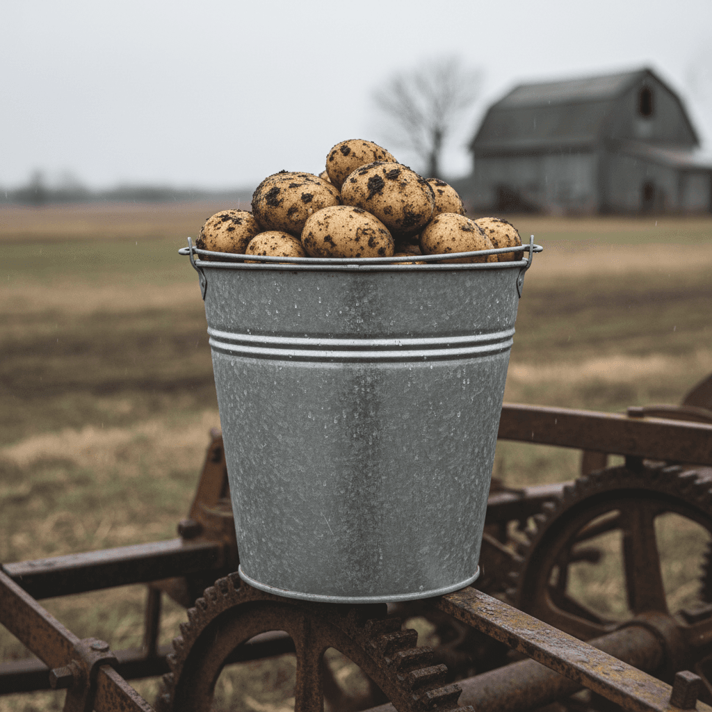 Bucket of freshly dug potatoes