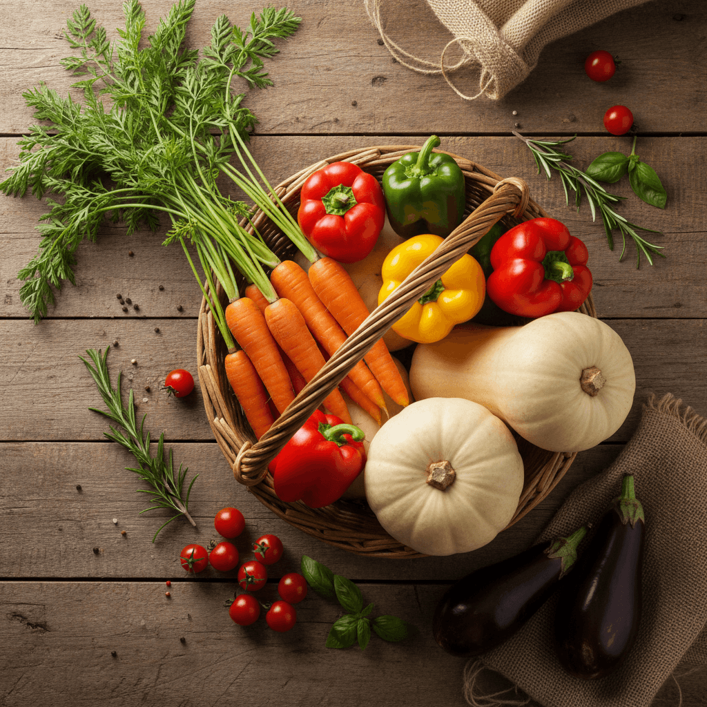 Basket of mixed vegetables ready for market