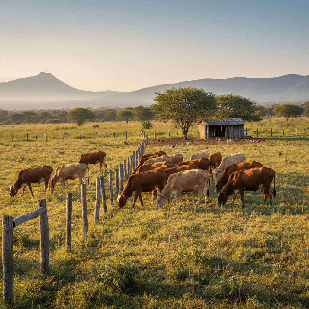 Cattle grazing on lush pasture in Limpopo with poultry nearby