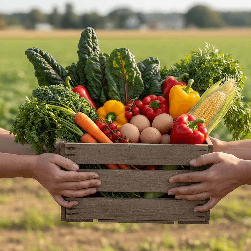 Hands holding a wooden crate of fresh vegetables, maize, and eggs from the farm
