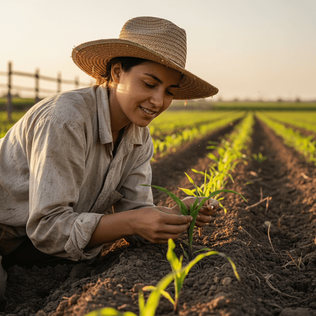 Young farm worker checking maize plants