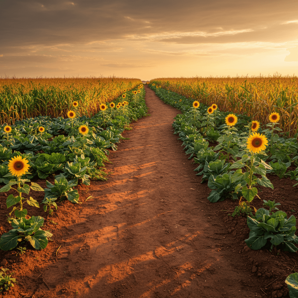 Rows of mixed crops like maize and vegetables on a Limpopo farm at golden hour