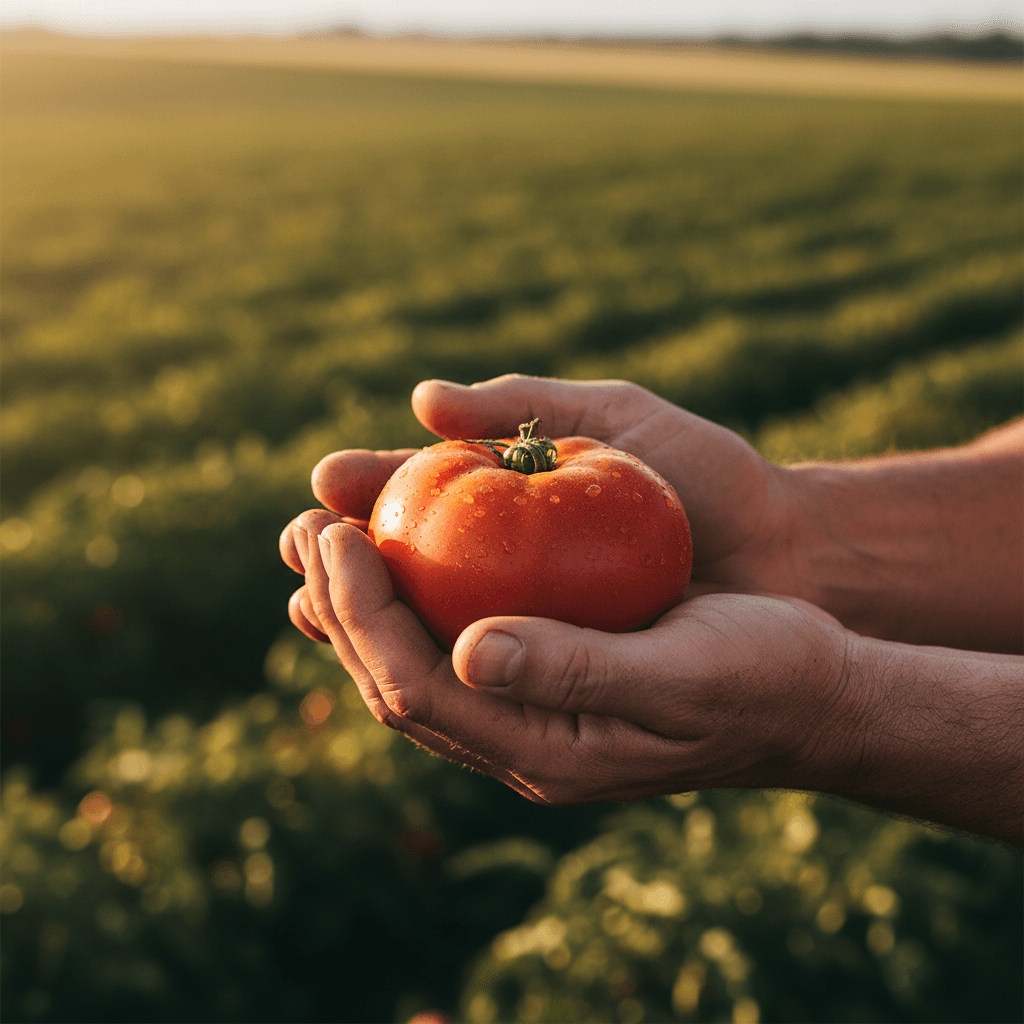 Fresh ripe tomato held in a farmer's hand