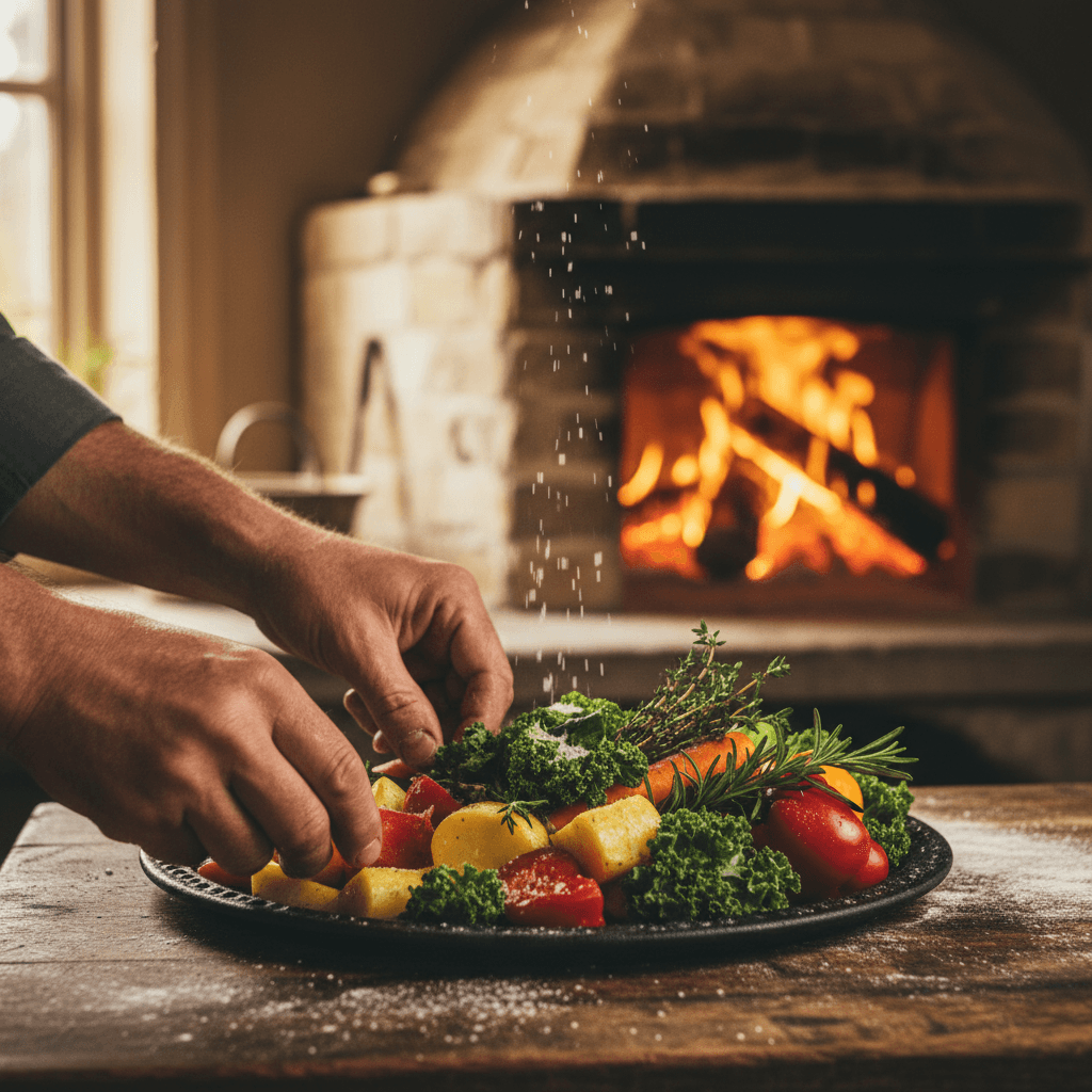 Home-style vegetable dish on ceramic plate with fresh ingredients nearby