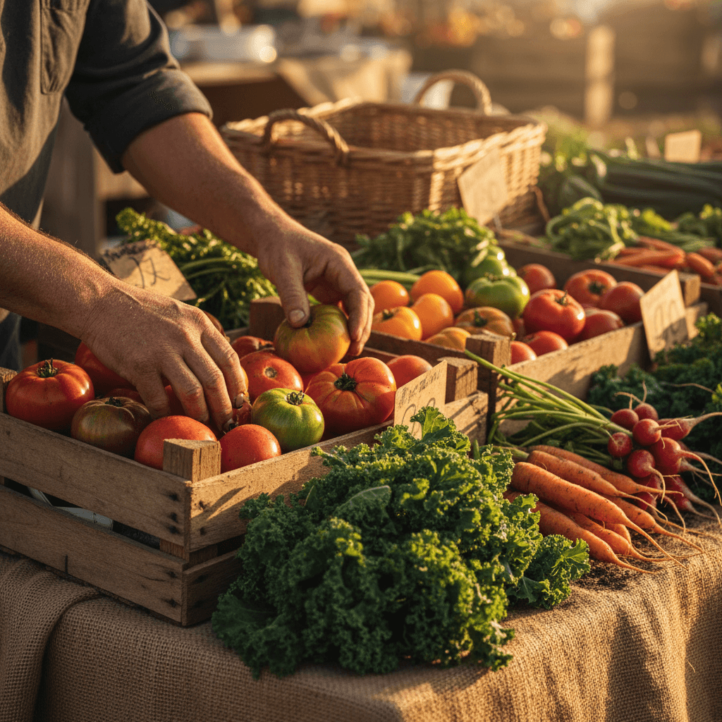Farmer handing a crate of fresh vegetables across a market stall