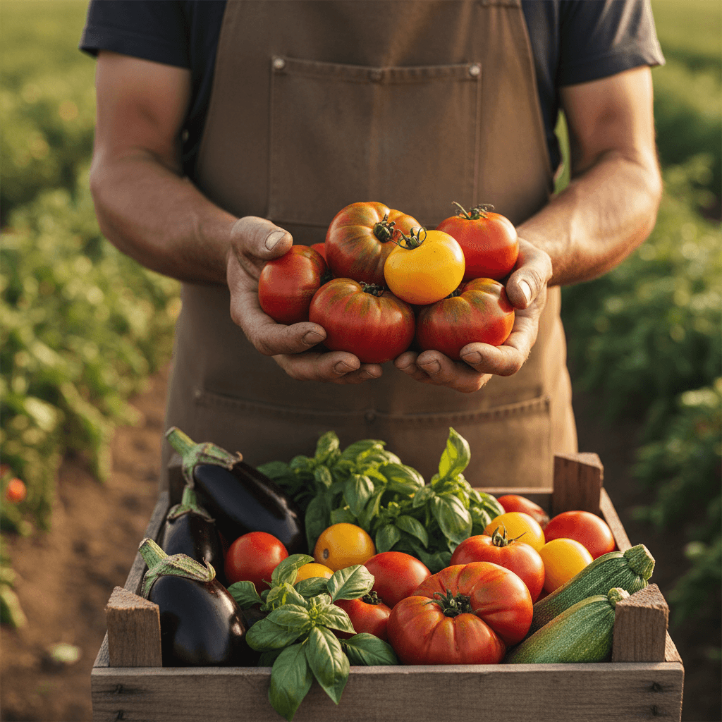 Fresh picked vegetables in a wooden crate