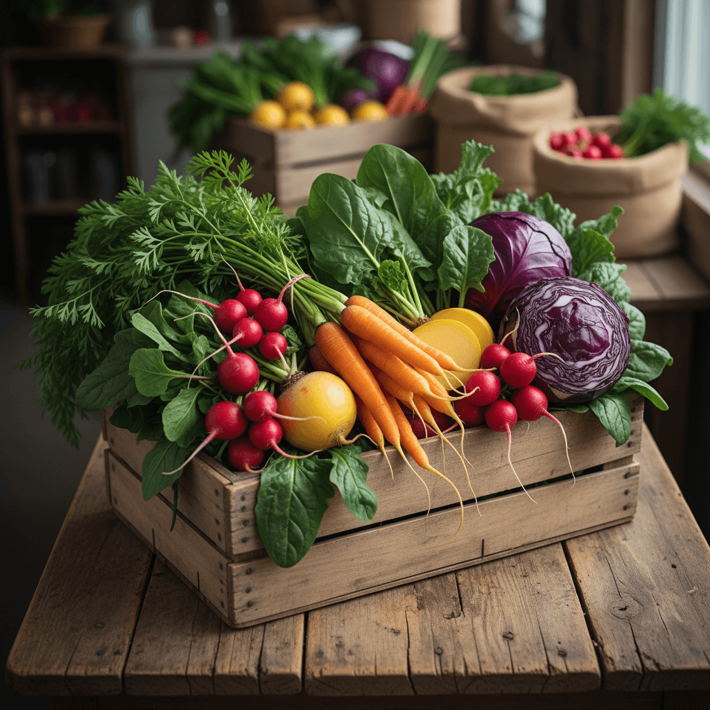Fresh mixed vegetables in wooden crates ready for market