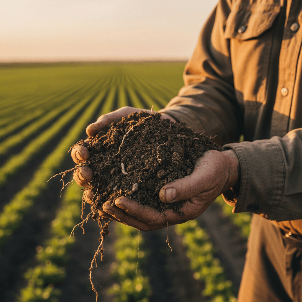 A young person kneeling in a green field at sunrise, inspecting the soil in Limpopo