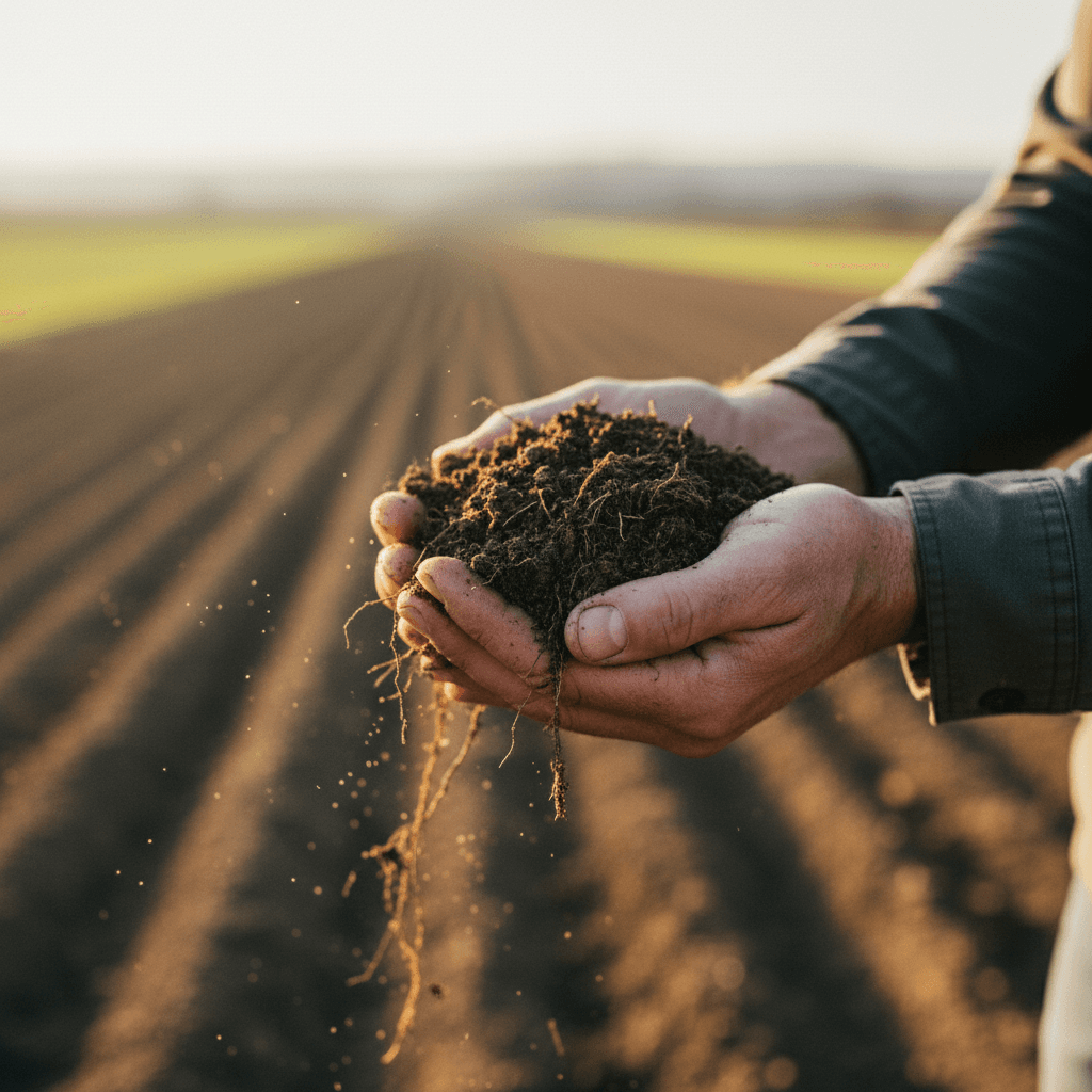Farmer's hands holding dark, rich soil with visible organic matter and root systems in morning light