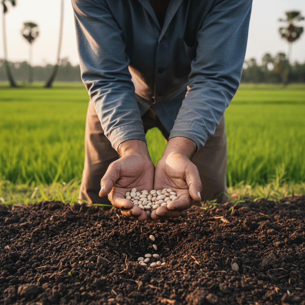 Young farmer cupping soil and a seedling in a green field