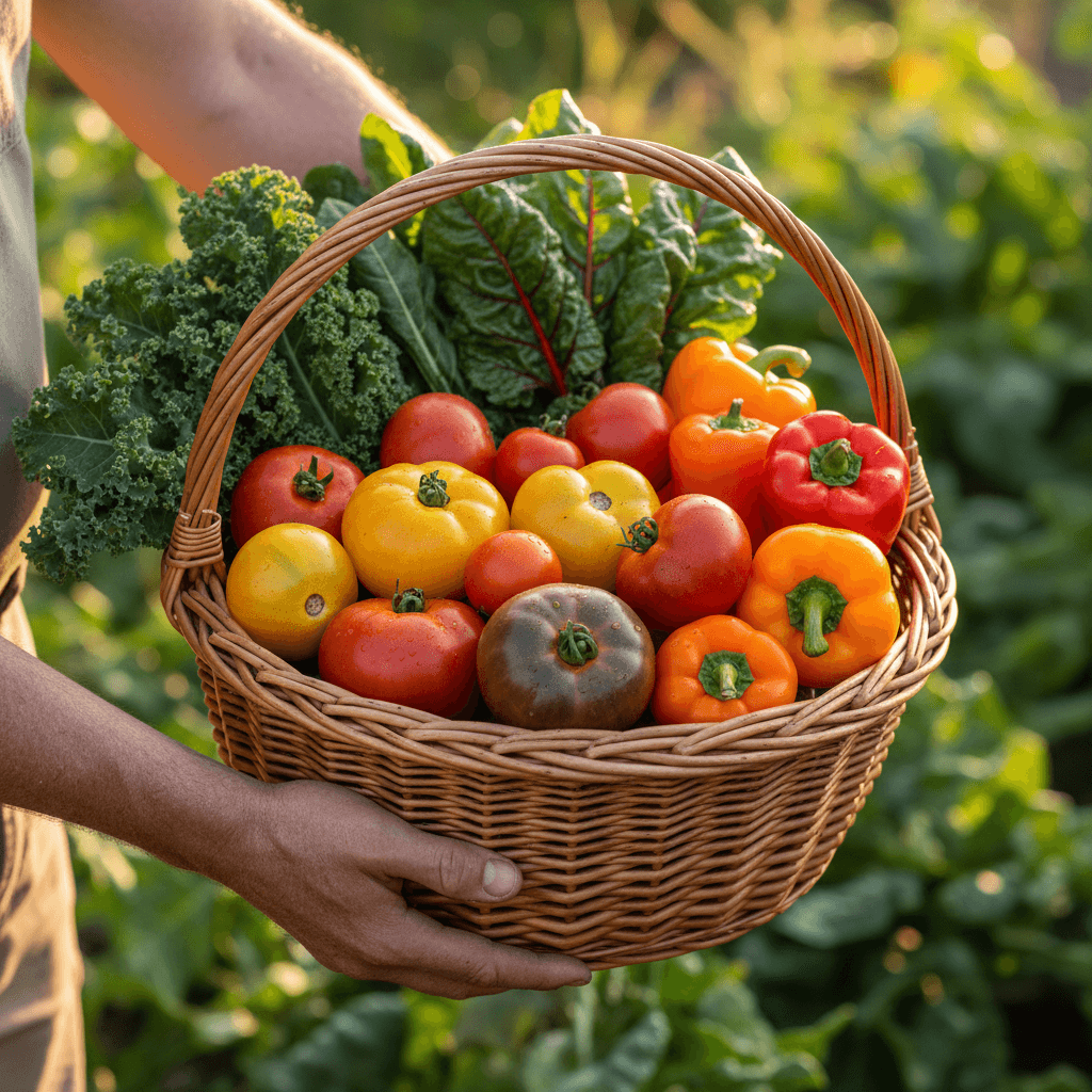 Young farmer holding a basket of harvest