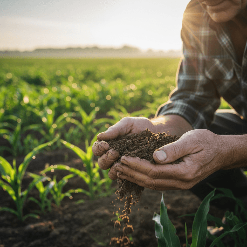 Farmer's hands holding rich soil with a young sprout